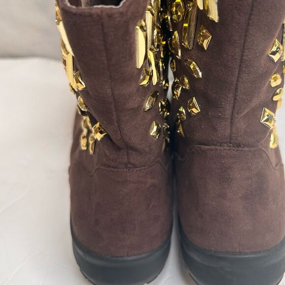 Joan Boyce Women’s Ankle Brown Gold Bedazzled Boots Size 7 Cognac Suede - Picture 6 of 13